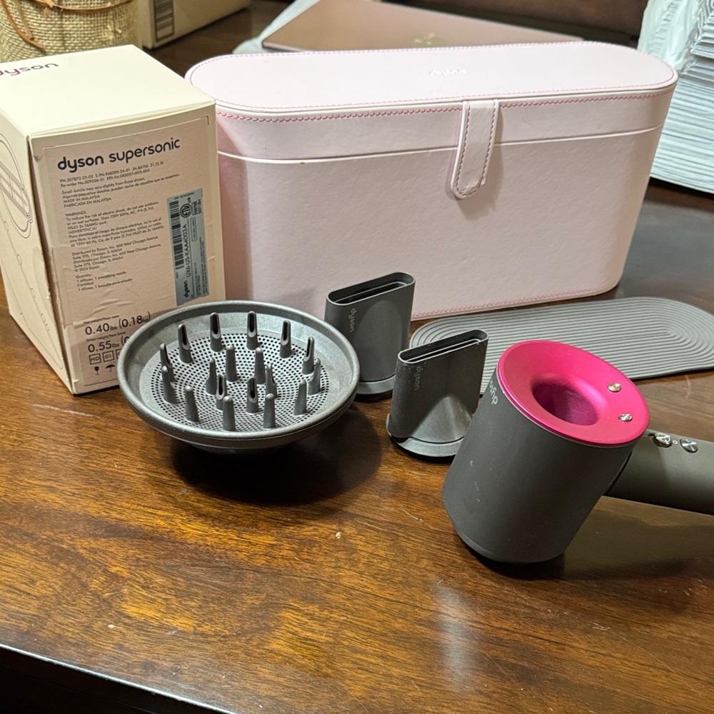 Dyson Supersonic Hair Dryer in Gray and Pink with Attachments
